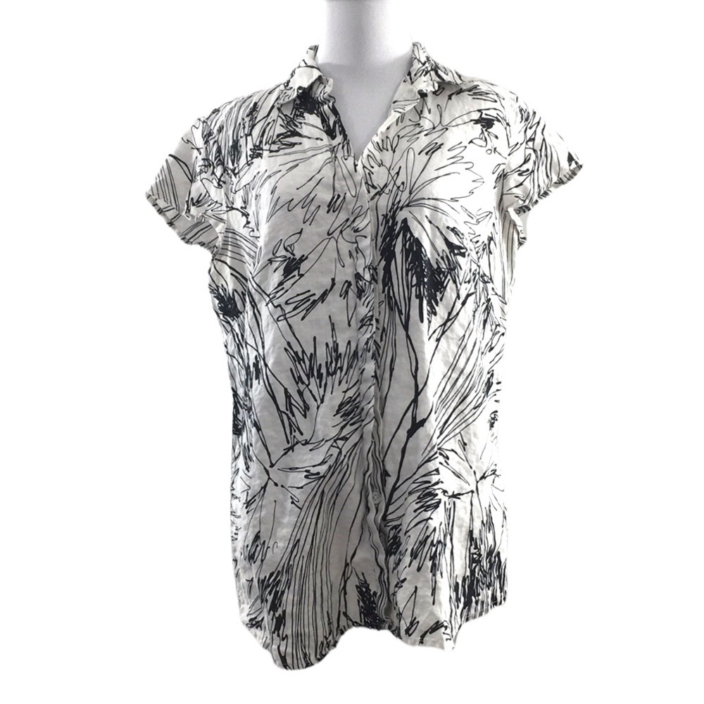 Richard Malcolm White Black Printed‎ Button Front Shirt Womens Large 100% Linen
